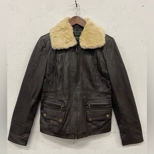 A.N.A Genuine Lambskin Dark Brown Leather Aviator Bomber Jacket, Size M